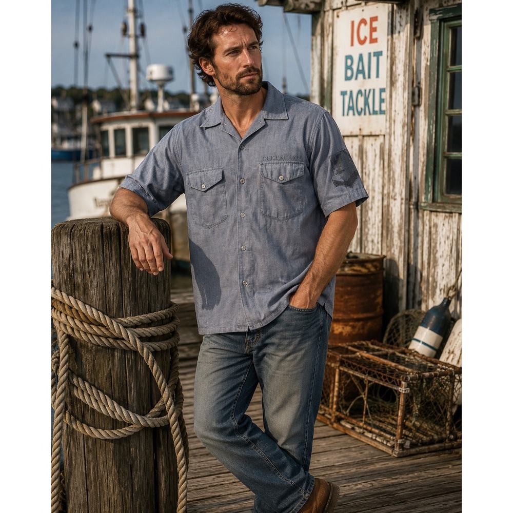 Vintage 1970s Seafarer US Navy Utility Shirt Blue Workwear Chambray Large